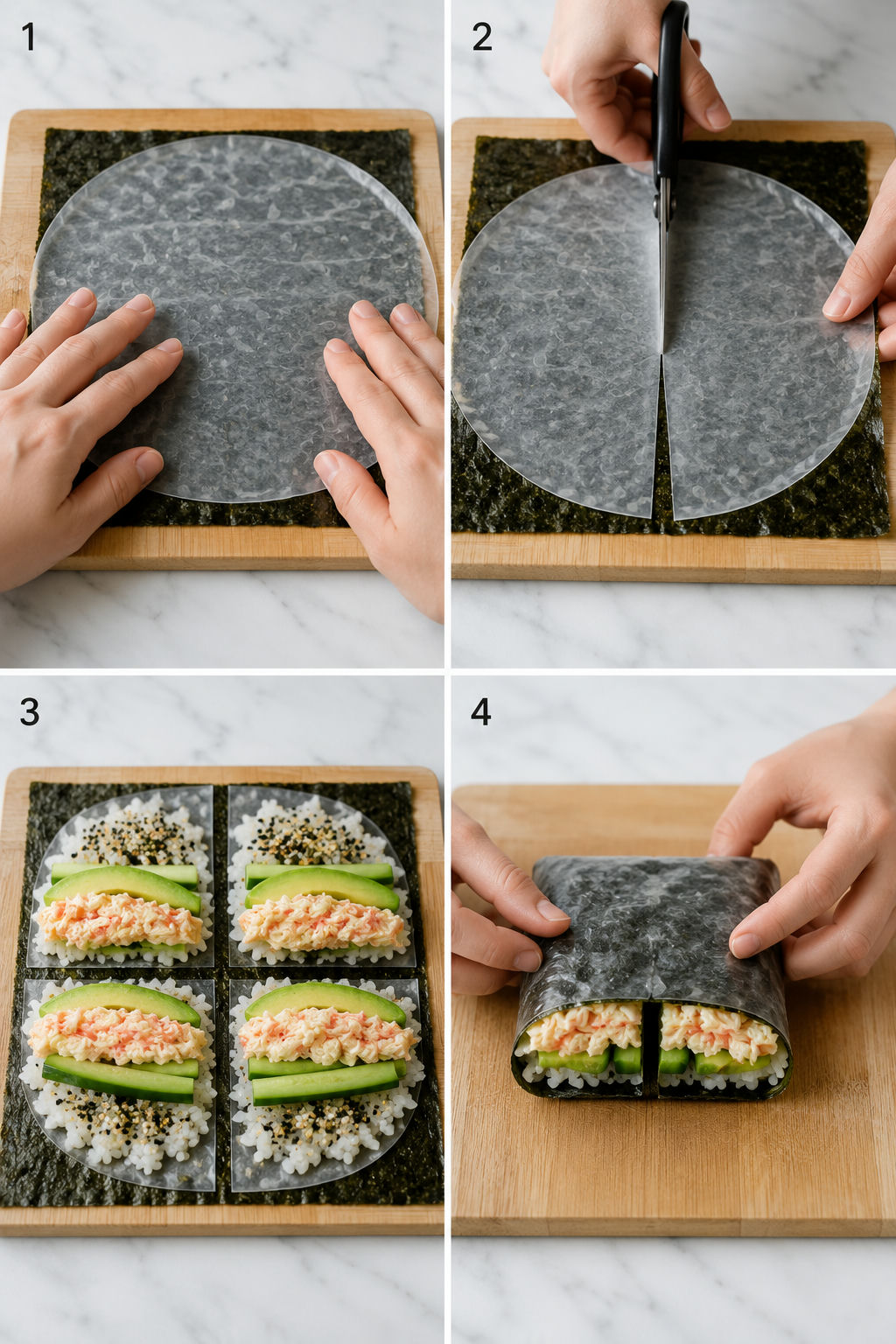 Four steps for folding sushi wraps with rice paper, nori, and crab filling