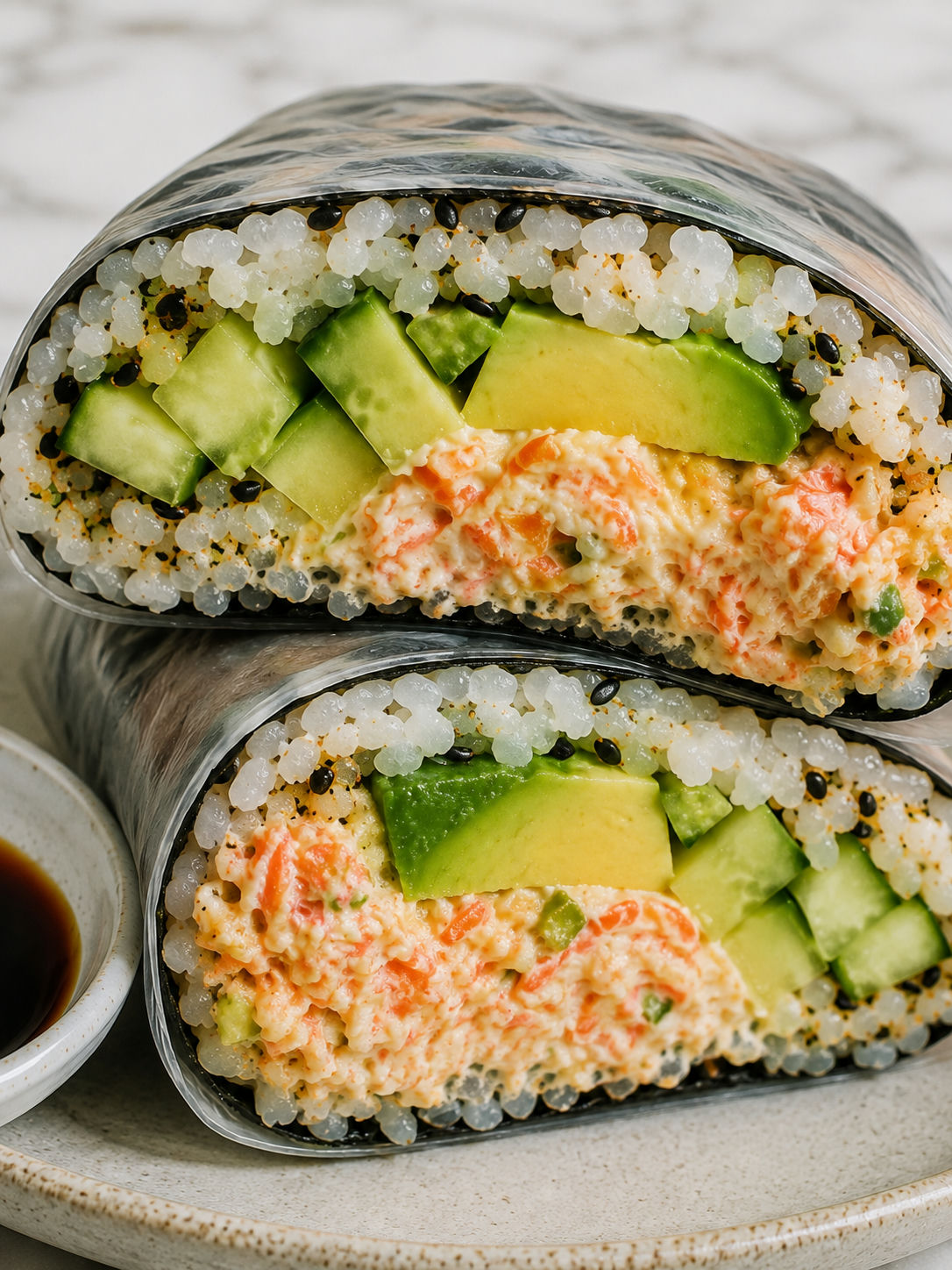 Sliced folded sushi wrap with spicy crab, avocado, cucumber, and rice