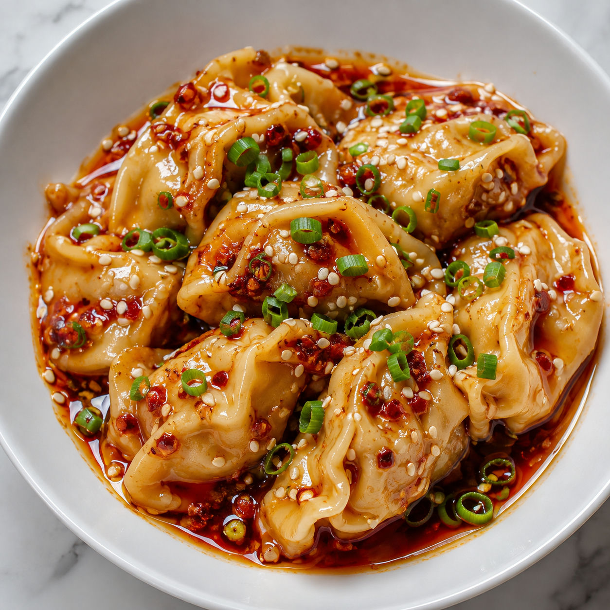 Chili garlic dumplings with sesame seeds and green onions in a white bowl