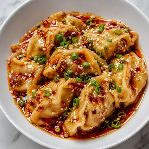 Chili garlic dumplings with sesame seeds and green onions in a white bowl