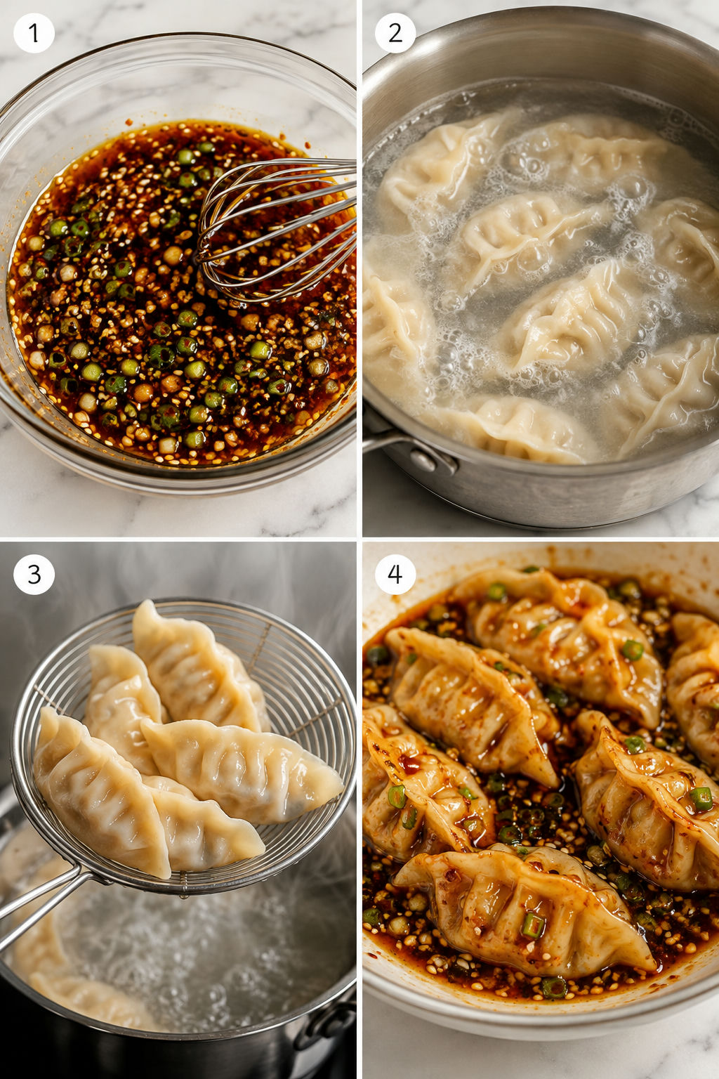 Four steps for making chili garlic dumplings from sauce to tossing