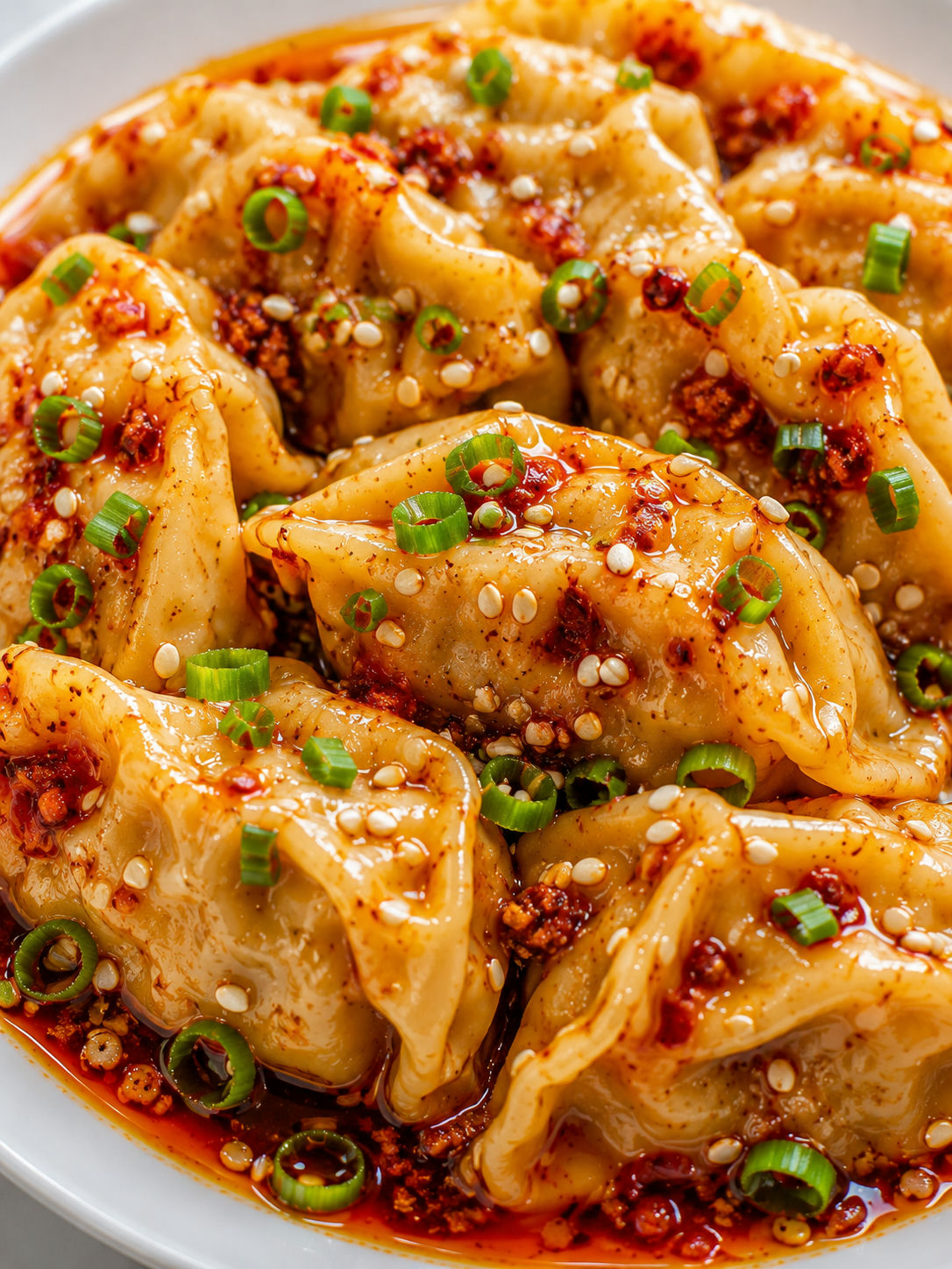 Glossy chili garlic dumplings with sesame seeds and green onions