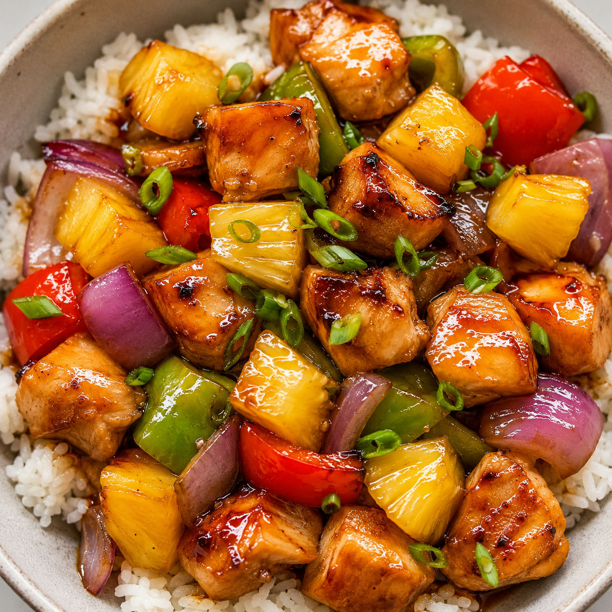 Hawaiian chicken with pineapple, peppers, green onions, and rice