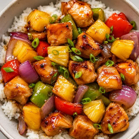 Hawaiian chicken with pineapple, peppers, green onions, and rice