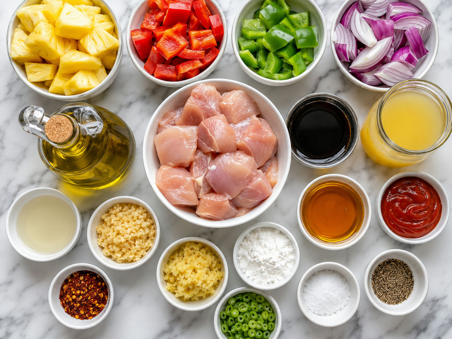 Ingredients for Hawaiian chicken with pineapple, peppers, and glaze