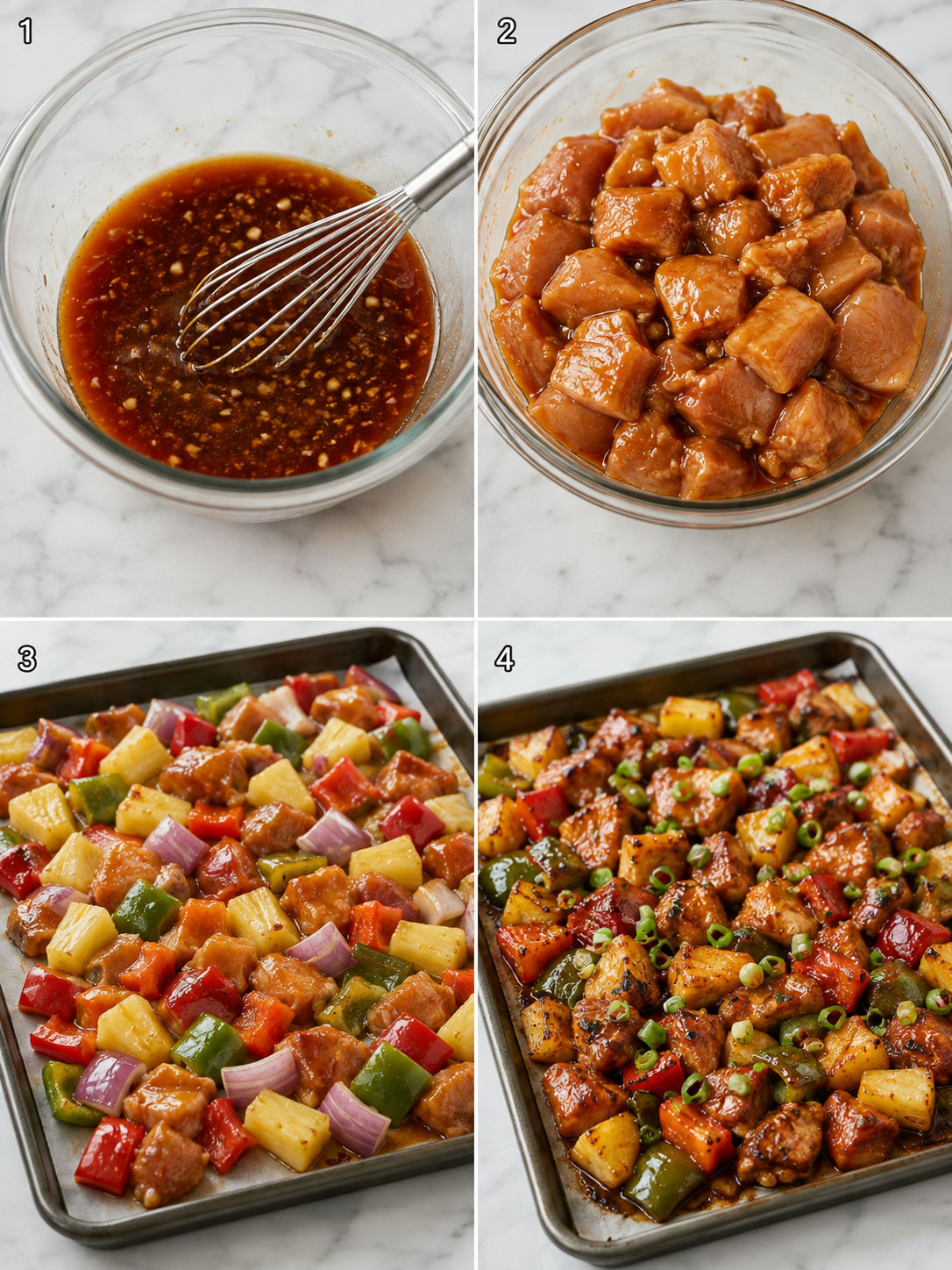 Four steps for making sheet pan Hawaiian chicken
