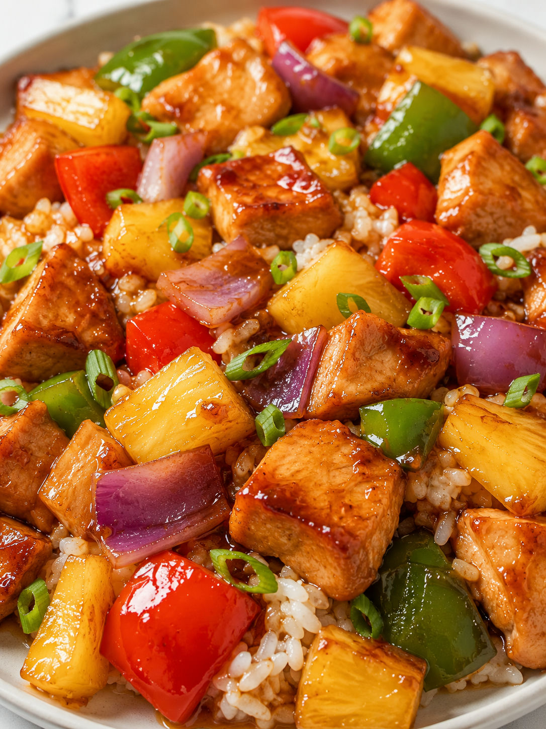 Glossy Hawaiian chicken with pineapple, peppers, and rice