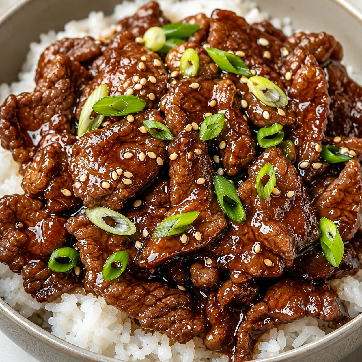 Sticky Teriyaki Beef over white rice with green onions and sesame seeds