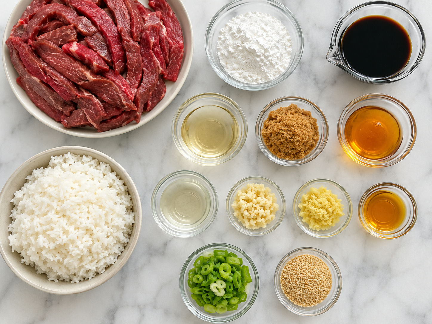 Raw ingredients for Teriyaki Beef with soy sauce, ginger, garlic, and rice
