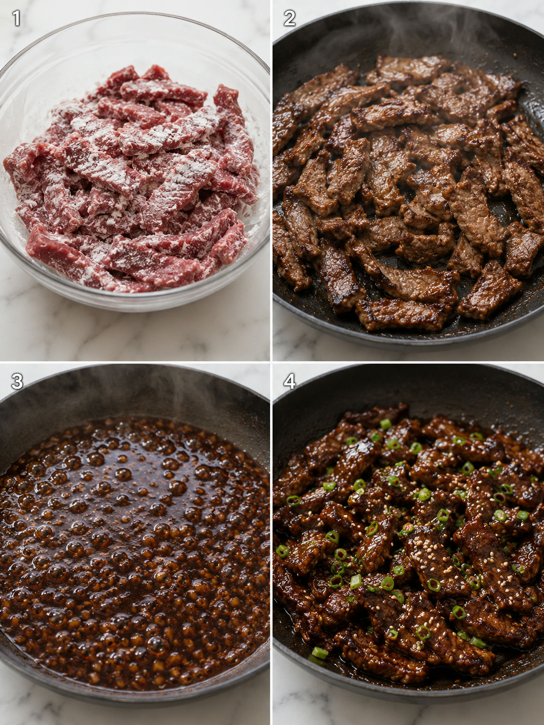 Four cooking steps for Teriyaki Beef from coating to glazing