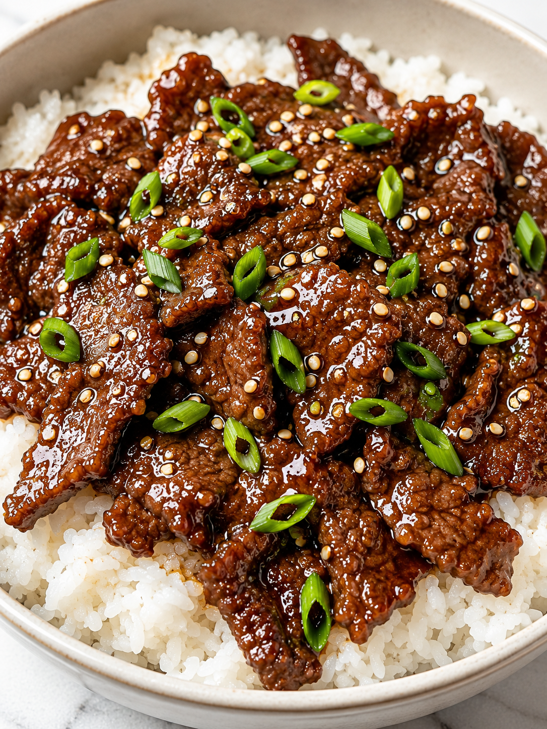 Glossy Teriyaki Beef rice bowl with sesame seeds and green onions