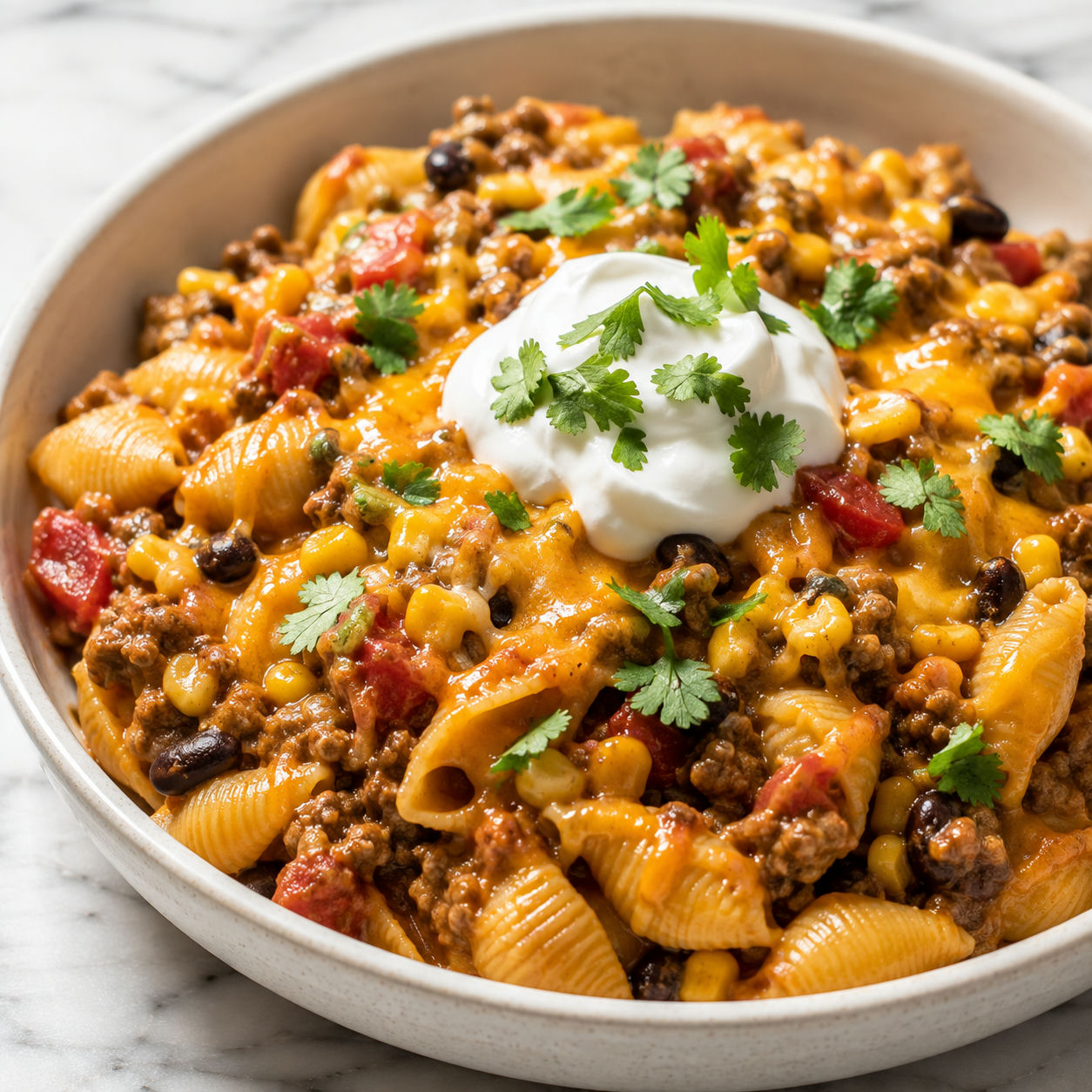 Creamy taco pasta with beef, cheddar, cilantro, sour cream, and lime