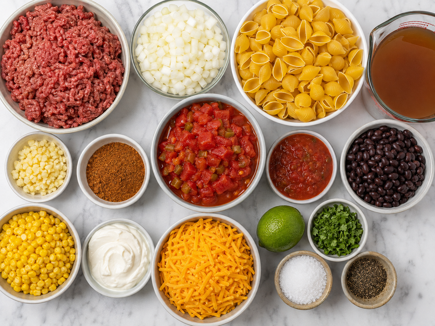 Ingredients for taco pasta with beef, shells, salsa, cheddar, and cilantro