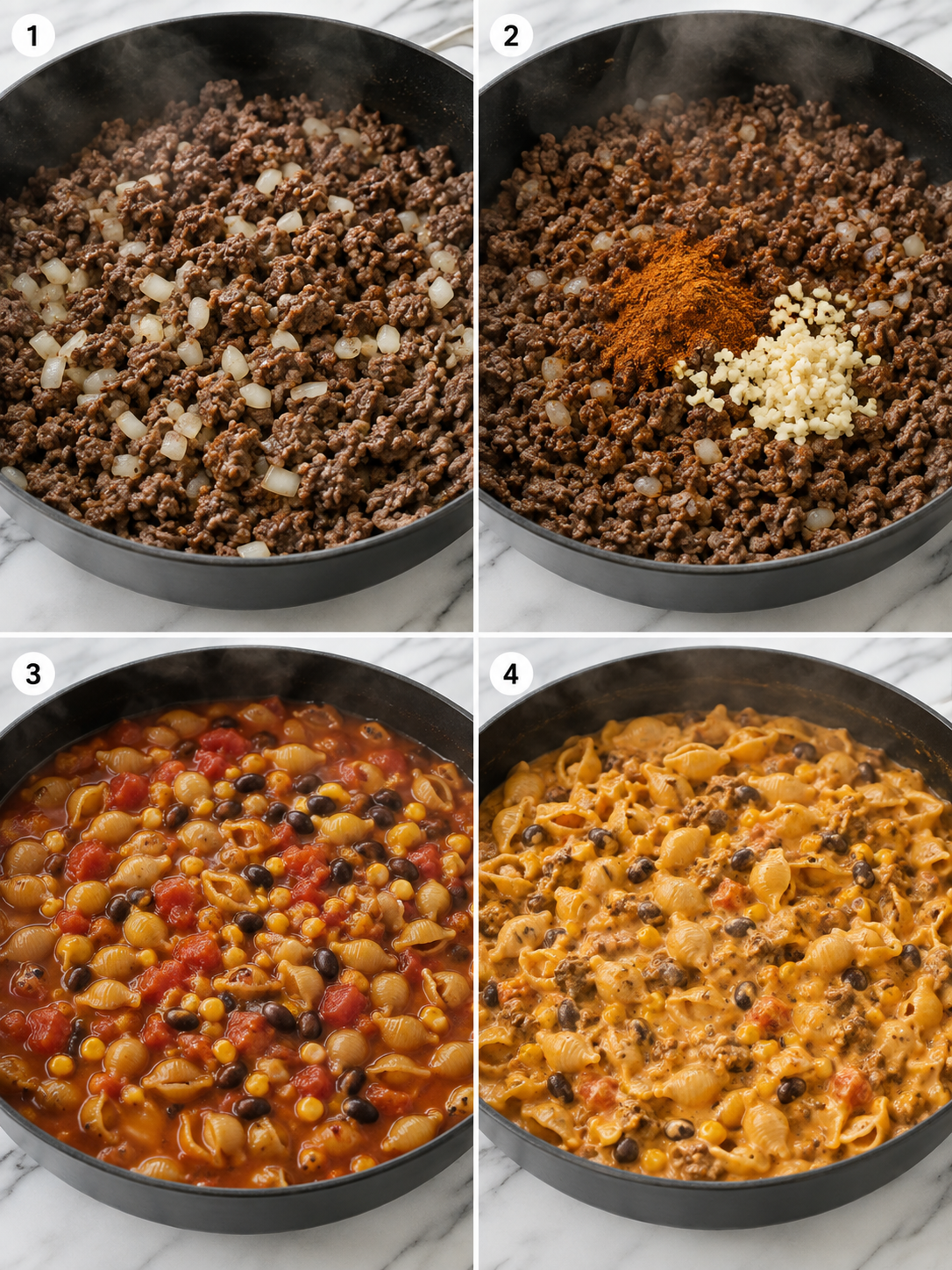 Four cooking steps for creamy taco pasta in a skillet