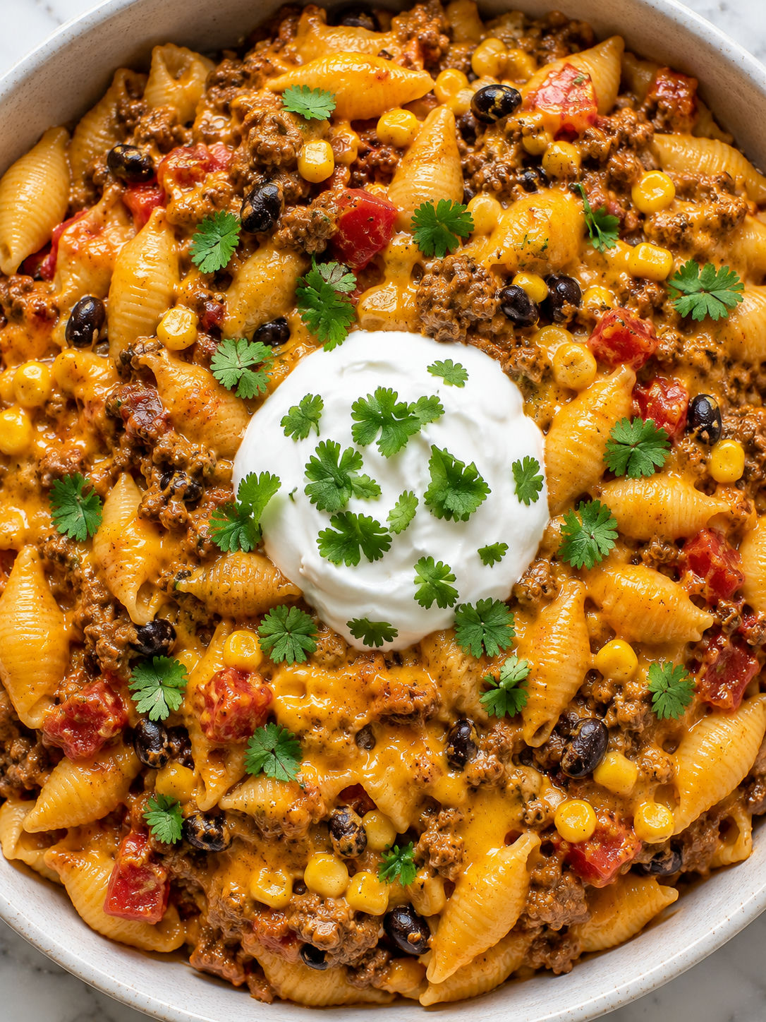 Top-down bowl of creamy taco pasta with cheddar, cilantro, sour cream, and lime
