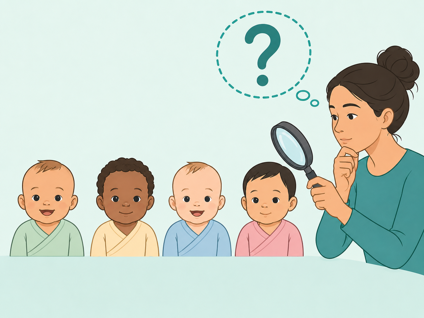 Illustration of a person thoughtfully comparing four baby portraits without relying on stereotypes.