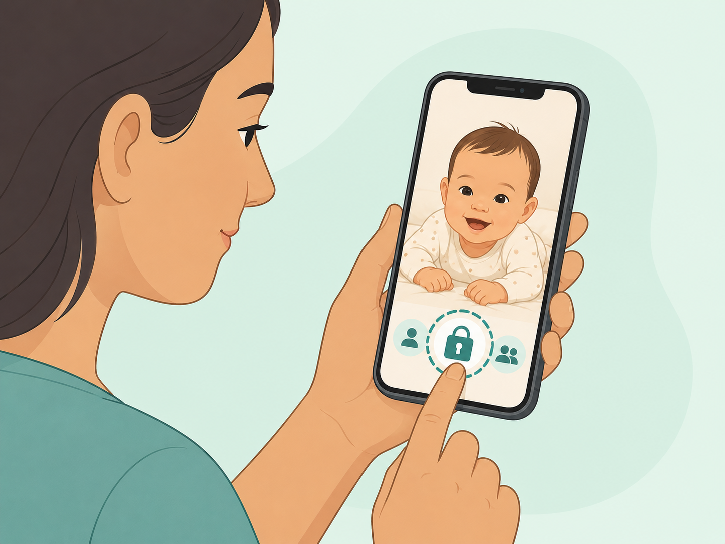 Adult protecting a baby's privacy before sharing a photo online.