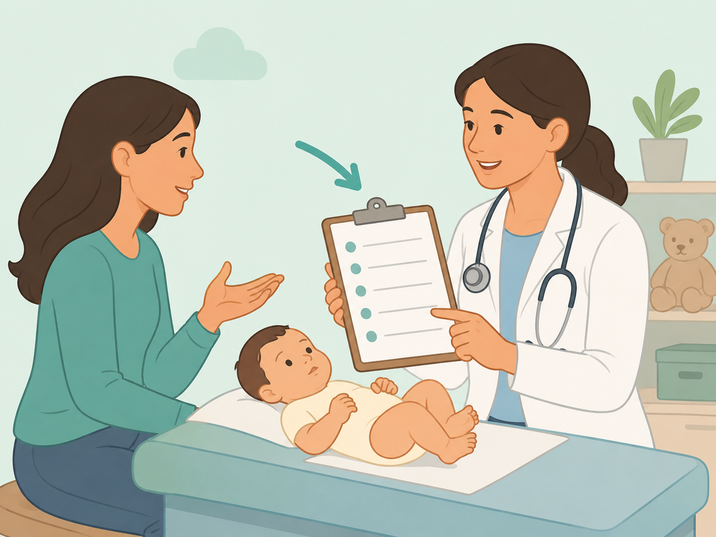 Caregiver discussing baby development concerns with a pediatrician.