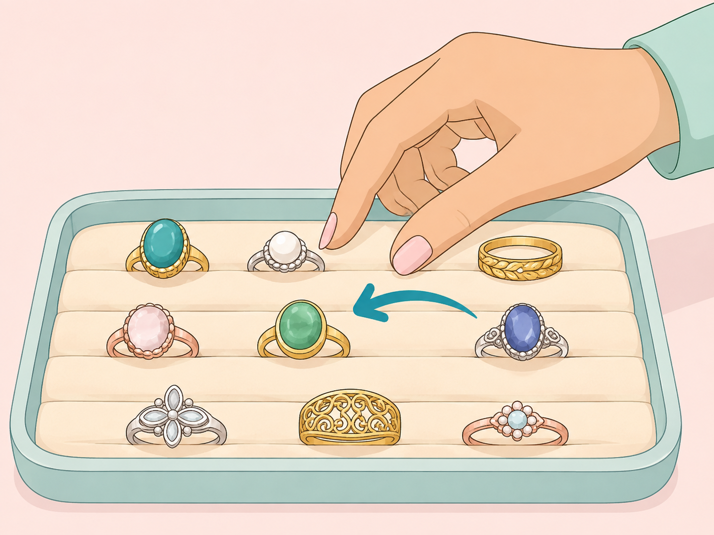 A person choosing one ring from several styles for a playful personality test.