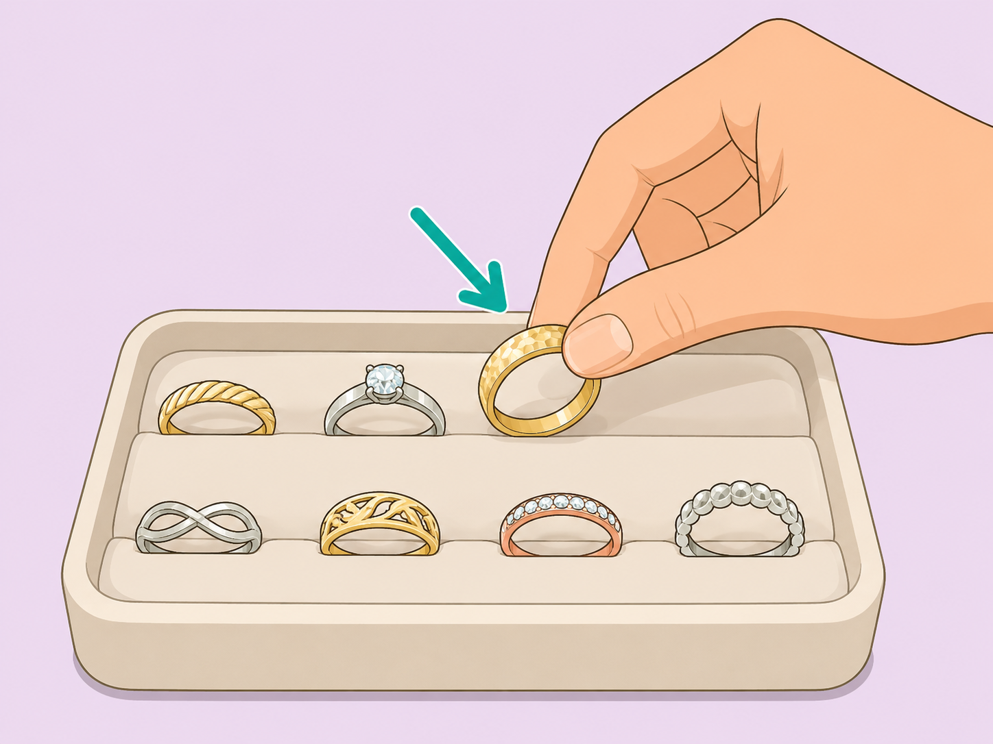 A hand choosing the ring the person would actually wear.