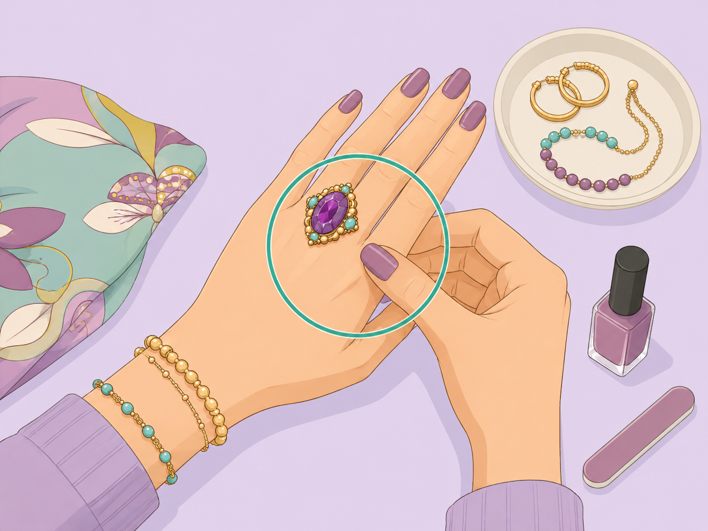 A ring choice inspiring a coordinated beauty look.