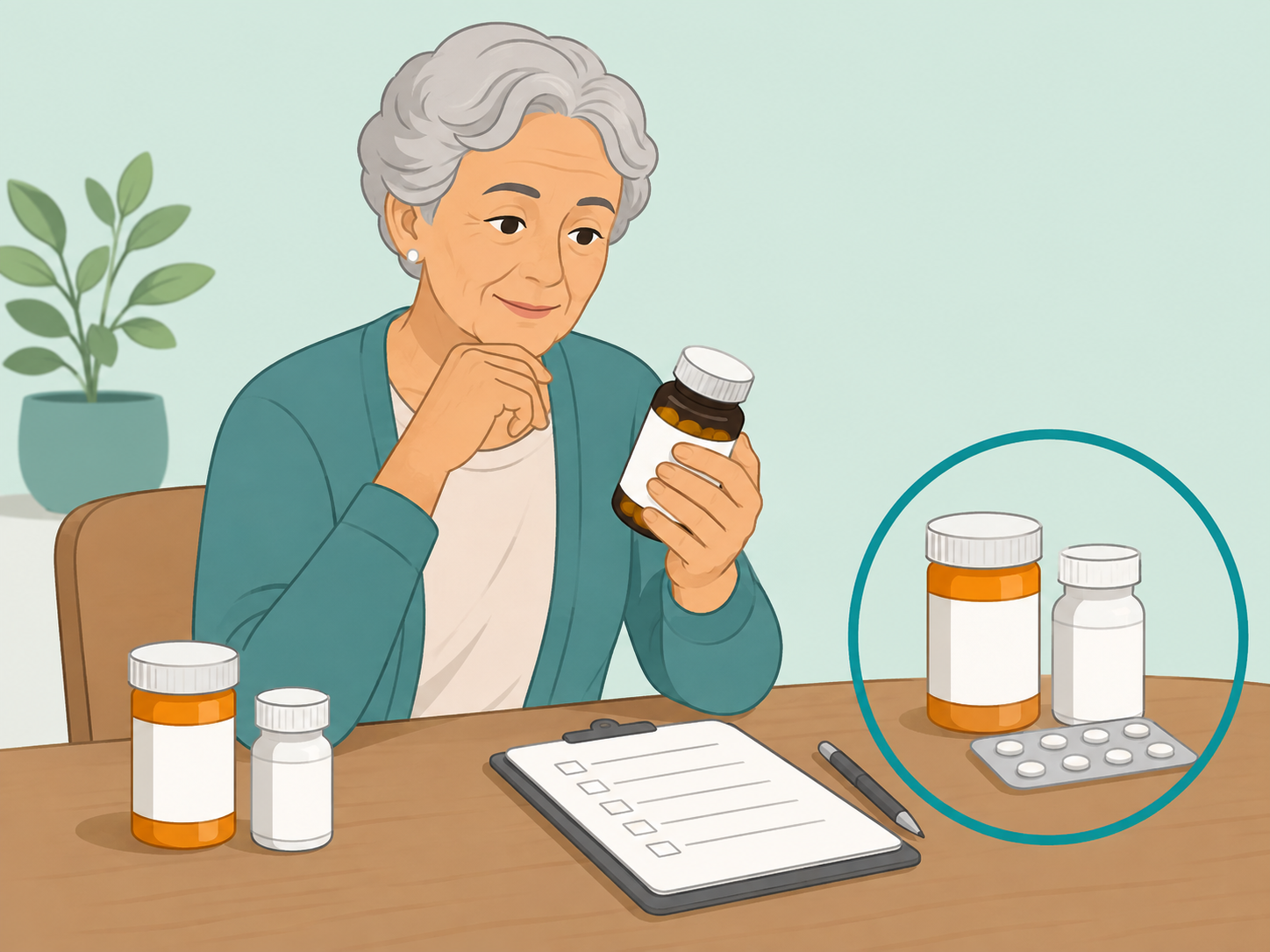 Older adult reviewing vitamin B12 and medication bottles with a checklist.