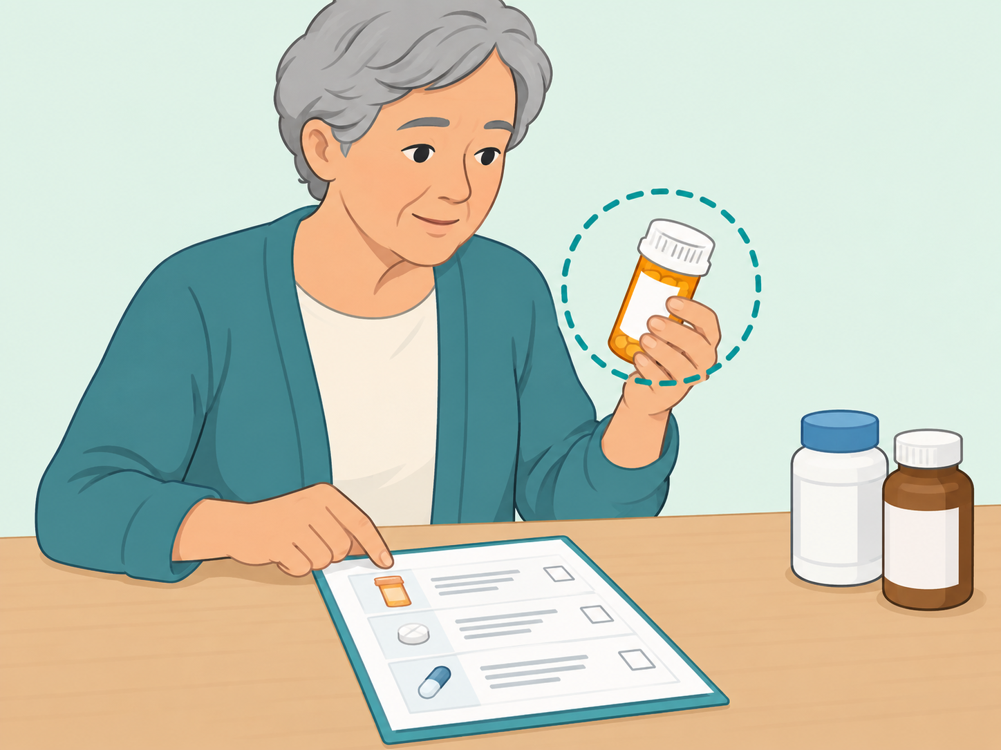 Older adult checking a prescription bottle against a medication list.