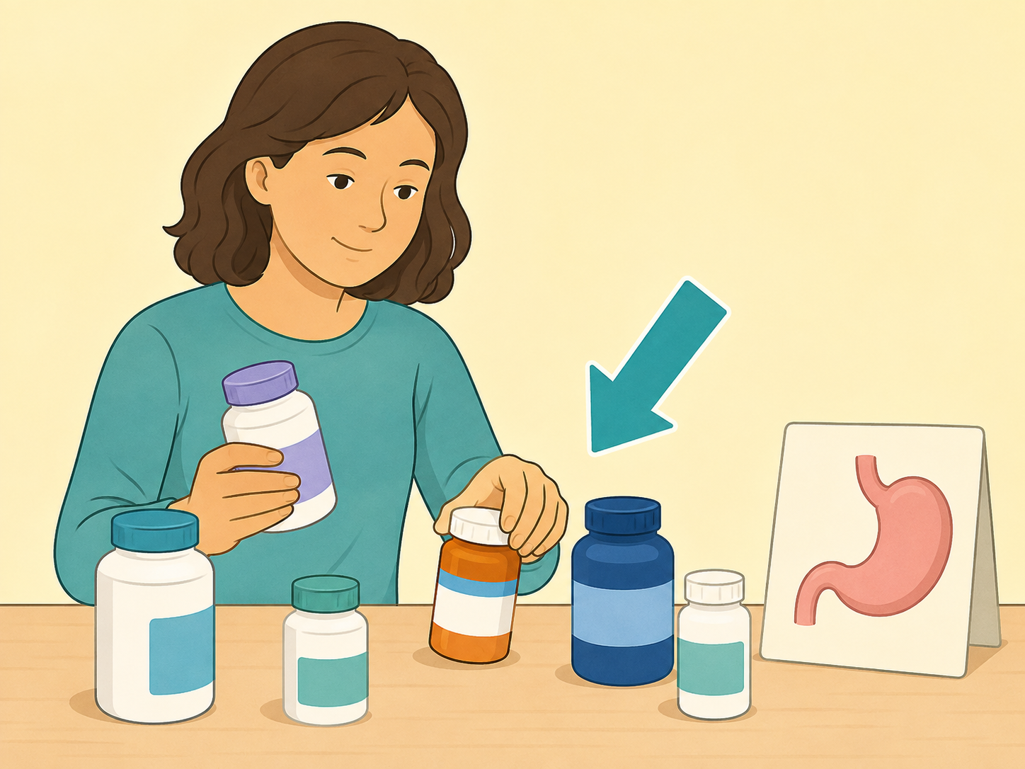 Person identifying acid-reducing medicines on a table.