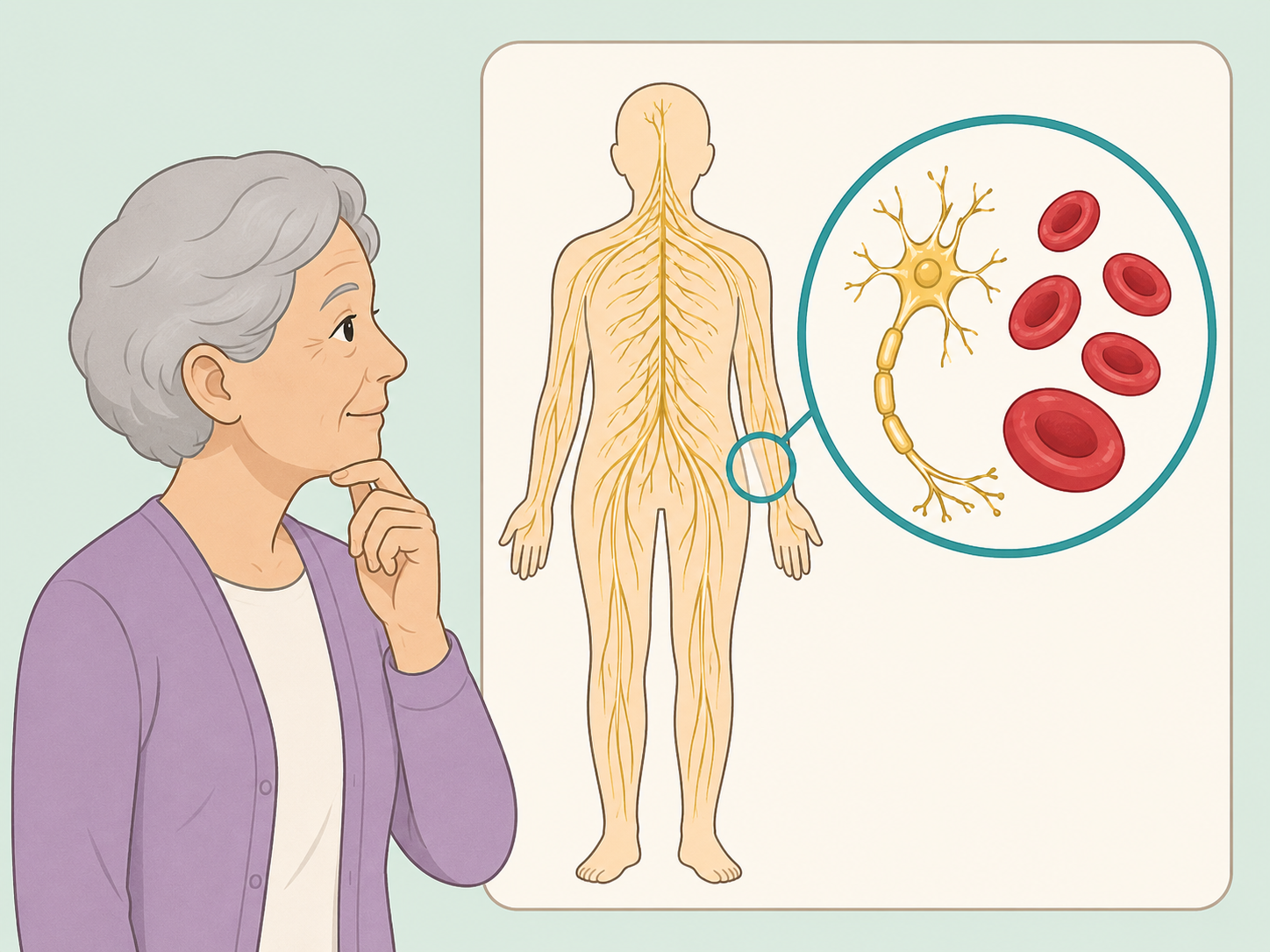 Older adult learning that vitamin B12 supports nerves and blood cells.