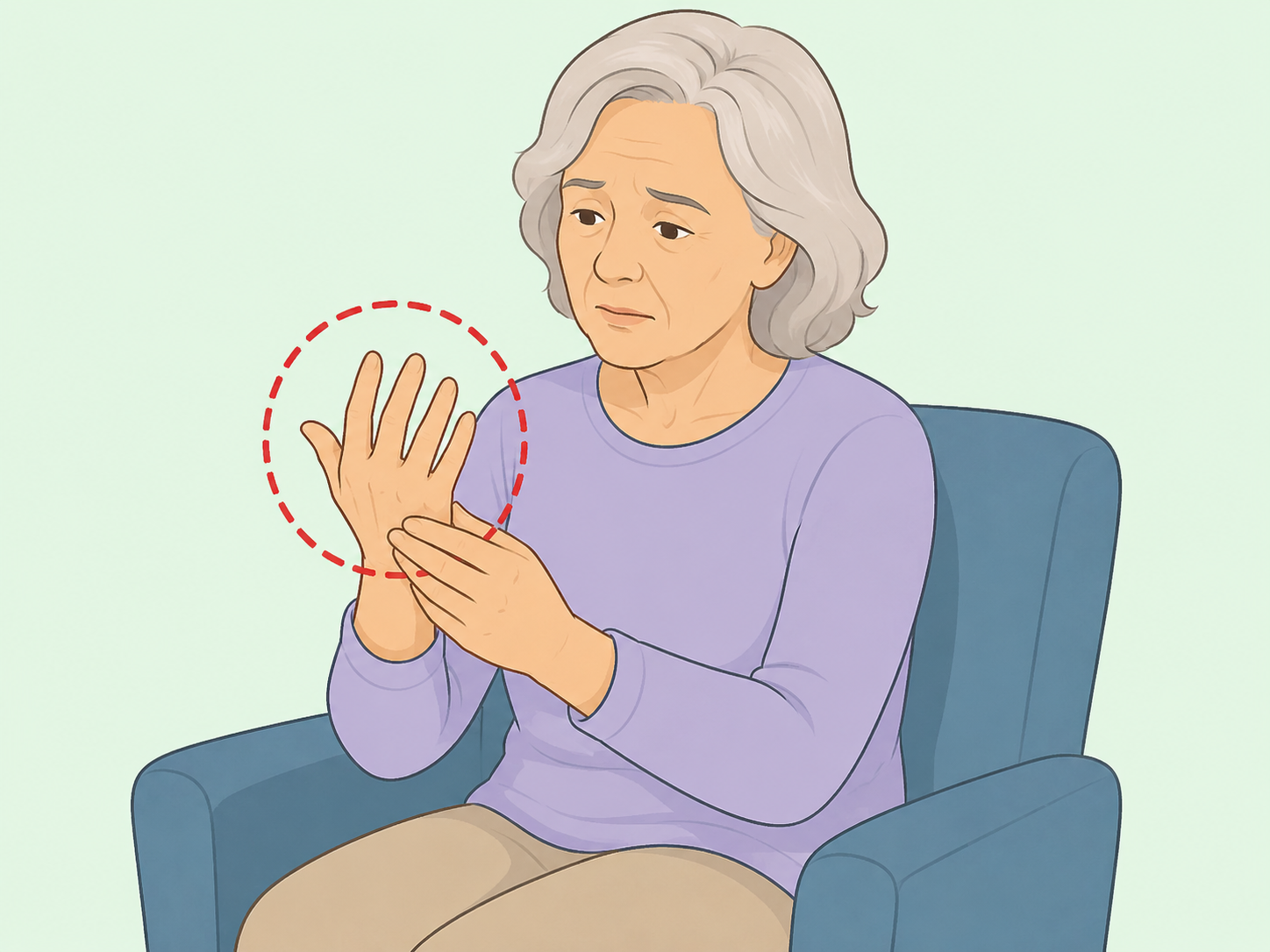 Older adult noticing tingling in the fingers as a possible symptom.