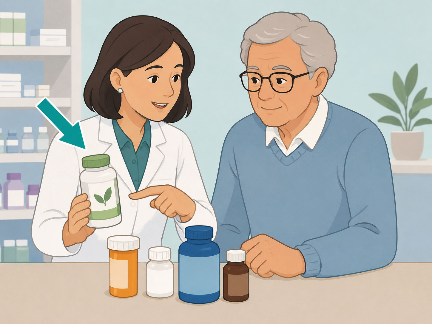 Pharmacist reviewing vitamin B12 supplements with an older adult.