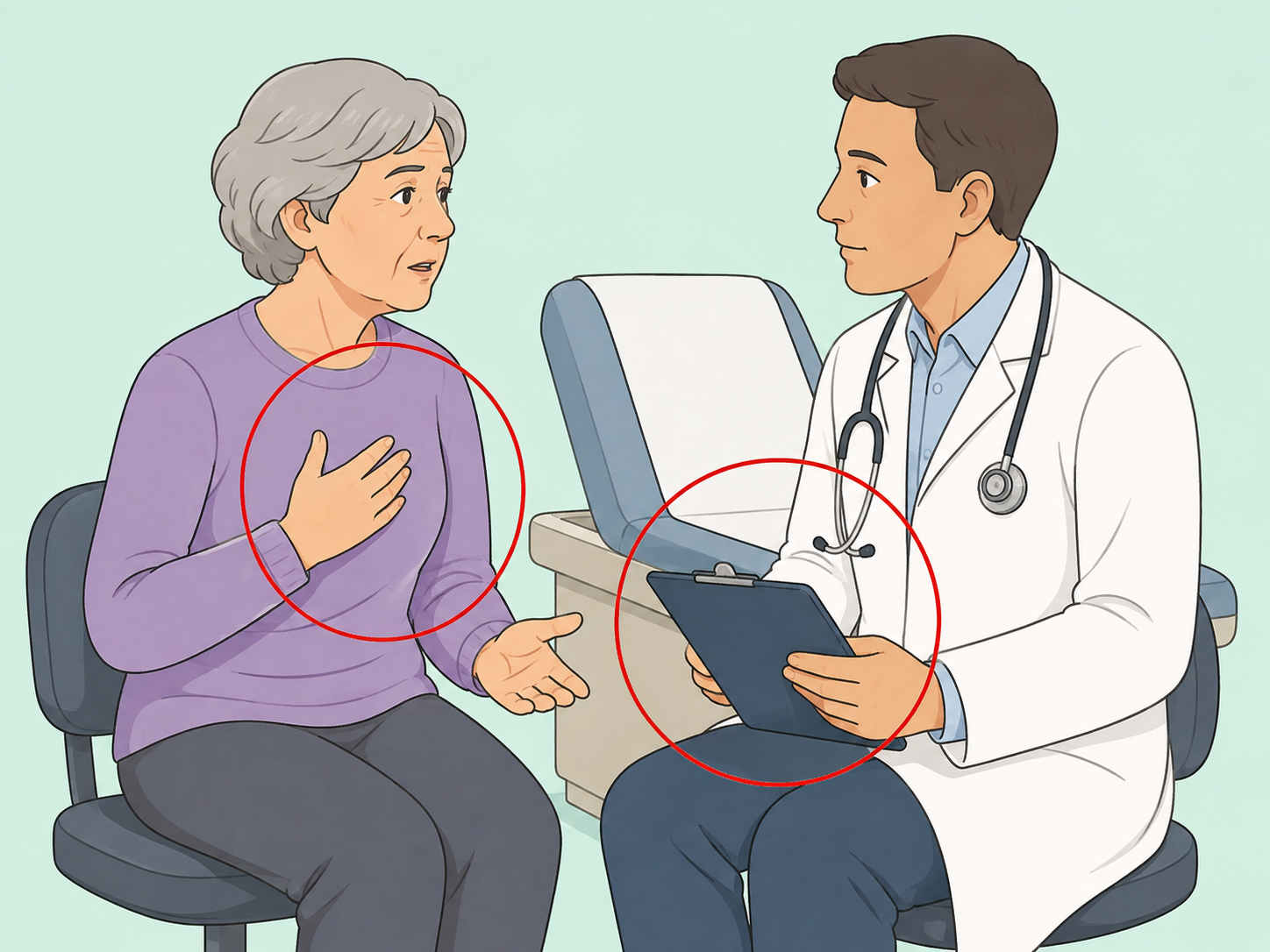 Older adult talking with a doctor about symptoms and medication safety.