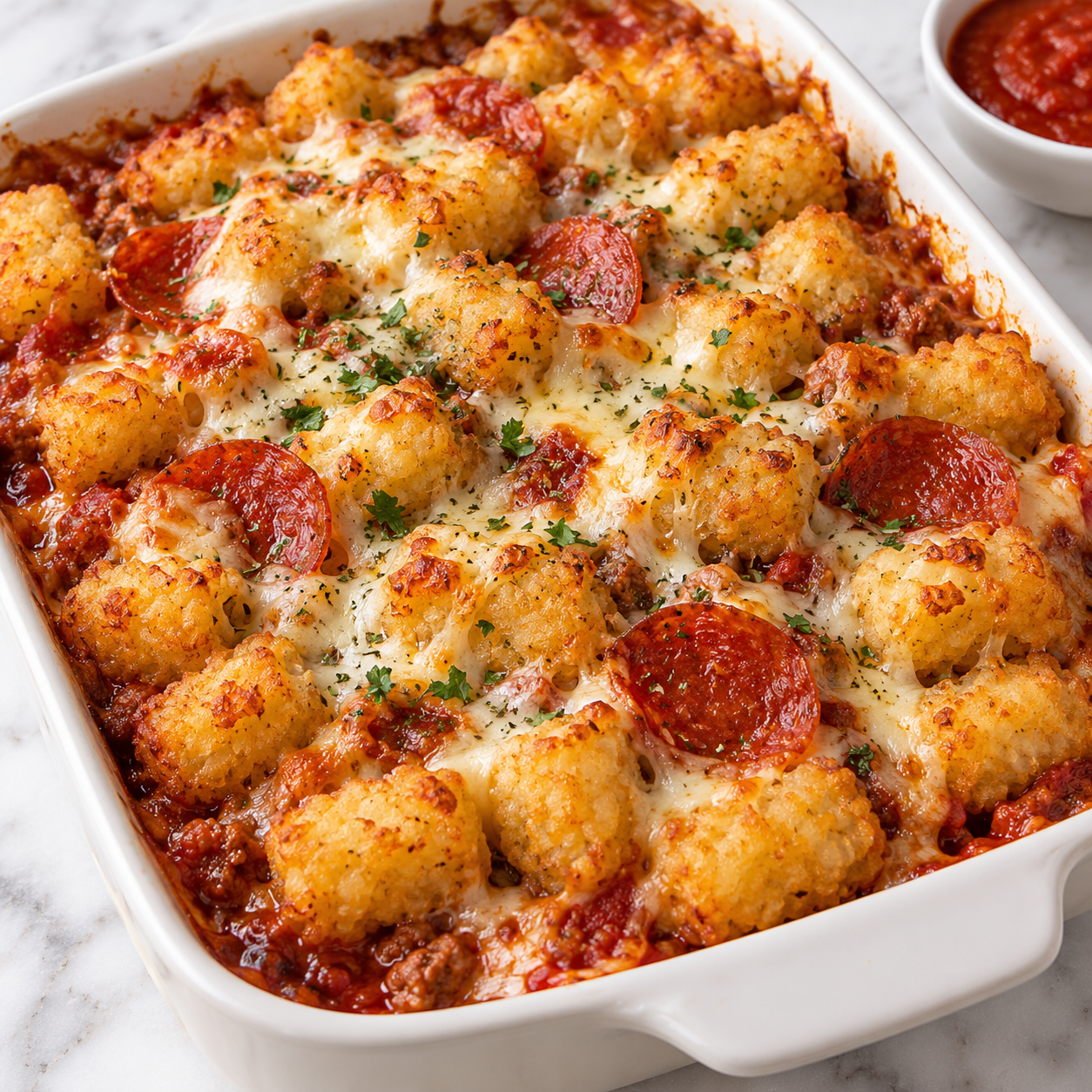 Tater Tot Pizza Casserole with pepperoni, mozzarella, and golden tots