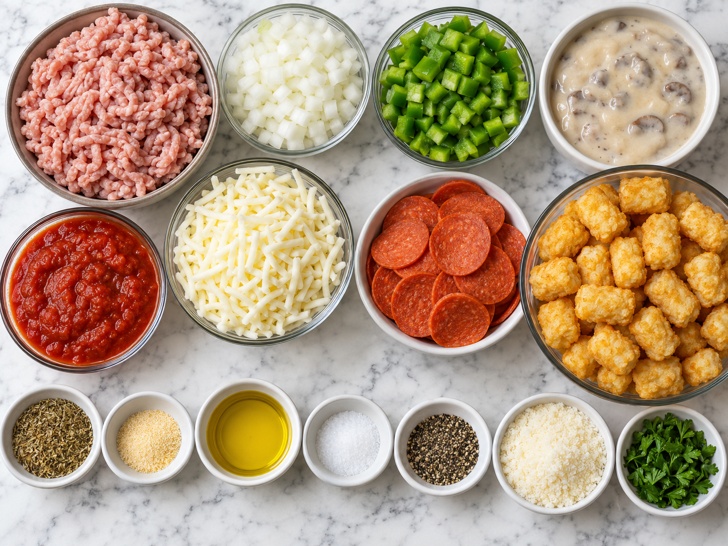 Ingredients for Tater Tot Pizza Casserole on a light wooden surface