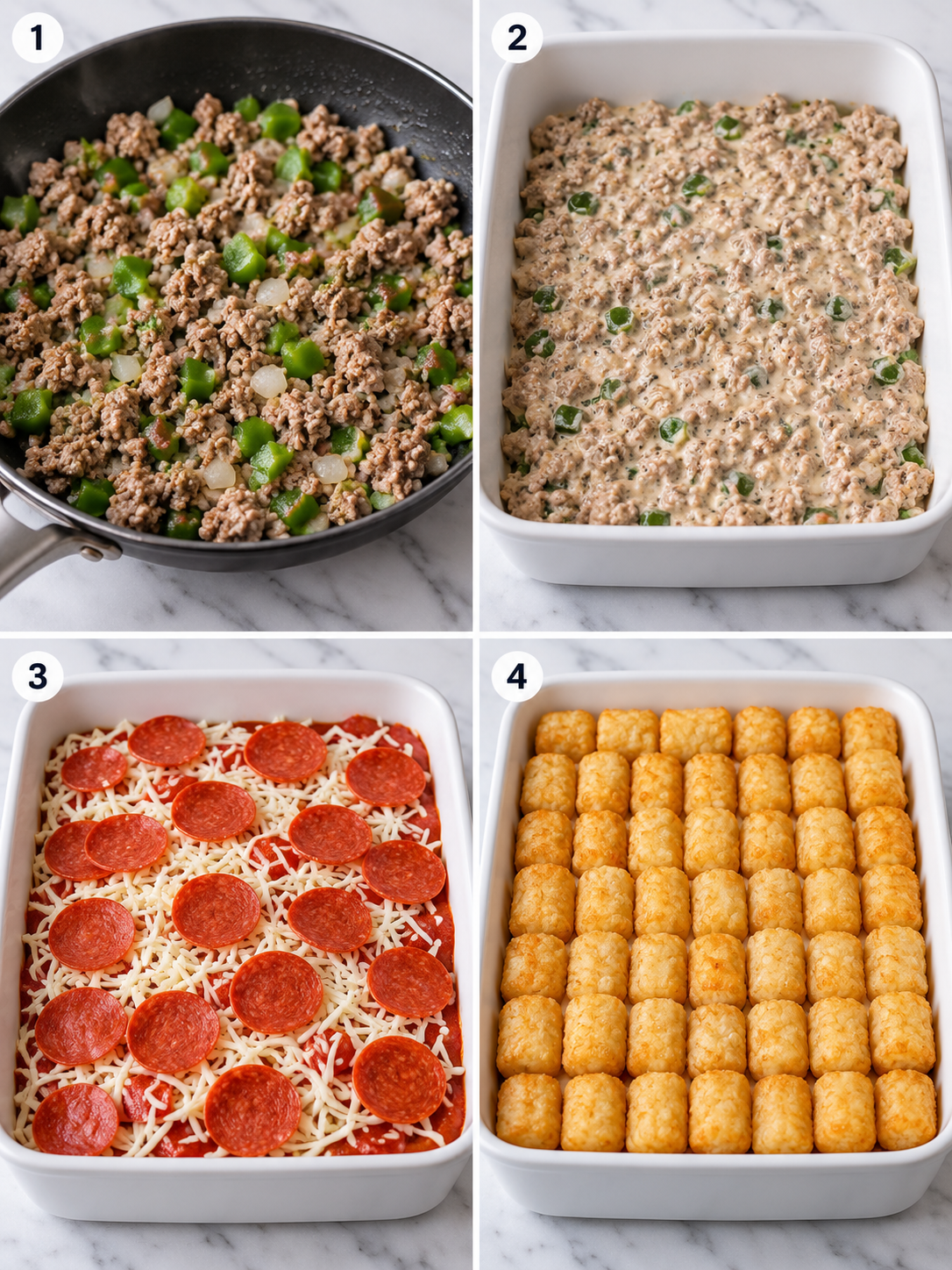 Four cooking steps for layering Tater Tot Pizza Casserole