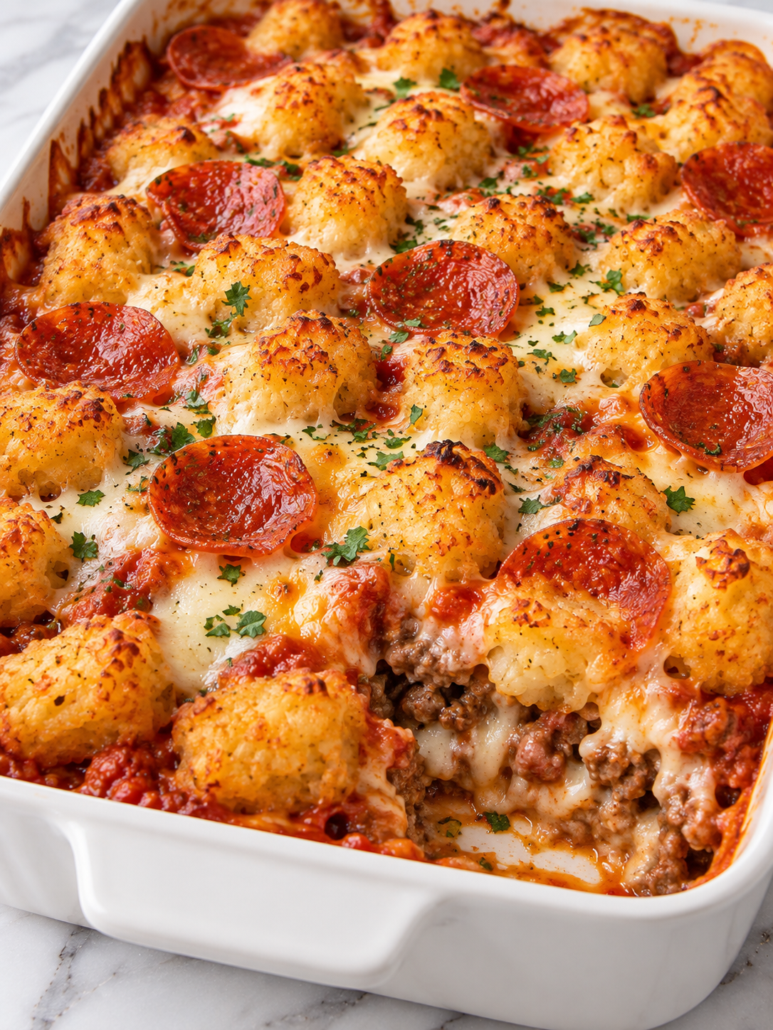 Bubbly Tater Tot Pizza Casserole with pepperoni and golden potato topping