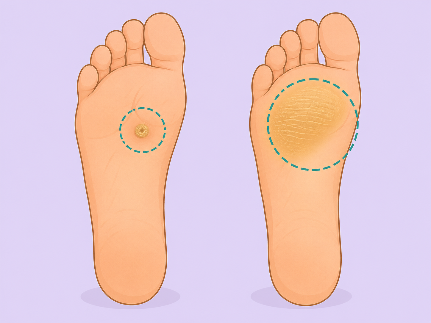 Illustration comparing a small plantar wart-like spot with a broader callus on the sole of the foot.