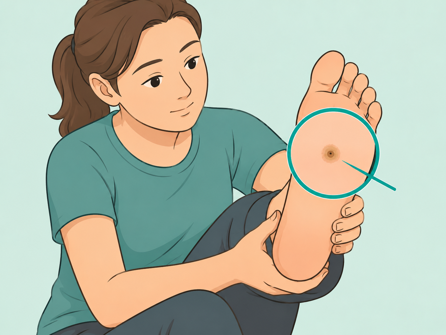 Person inspecting a small round spot on the sole as a possible plantar wart.