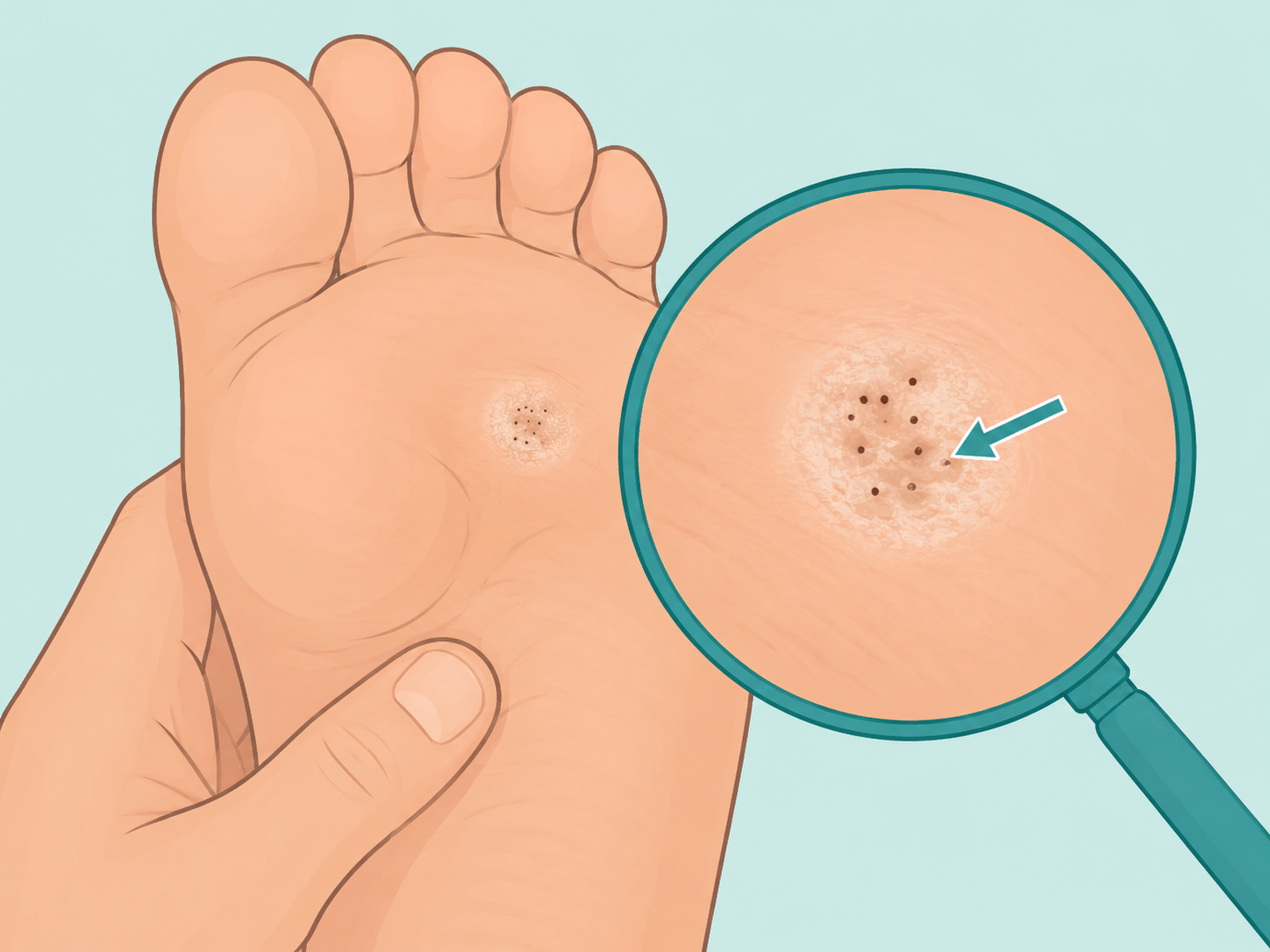 Tiny dark dots on a foot spot being checked as a wart clue.
