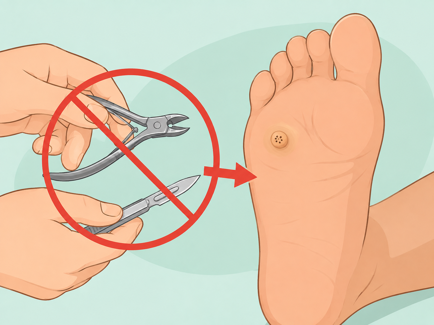 Sharp tools kept away from a foot growth to avoid cutting or picking.