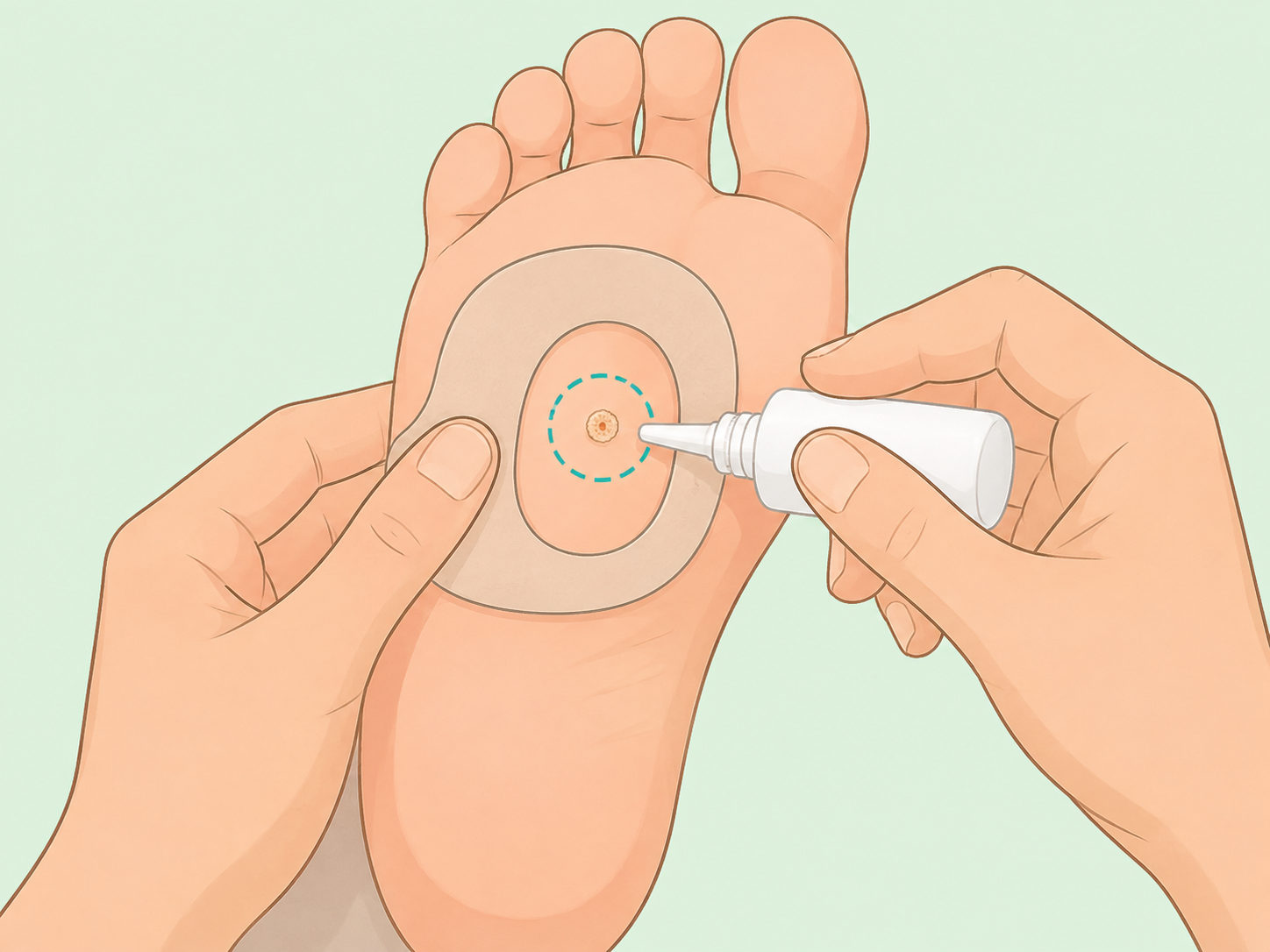 Careful application of wart treatment only to the affected spot on the sole.