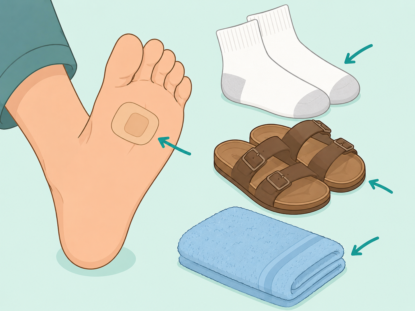 Covered foot spot with socks and separate towel to reduce spread.