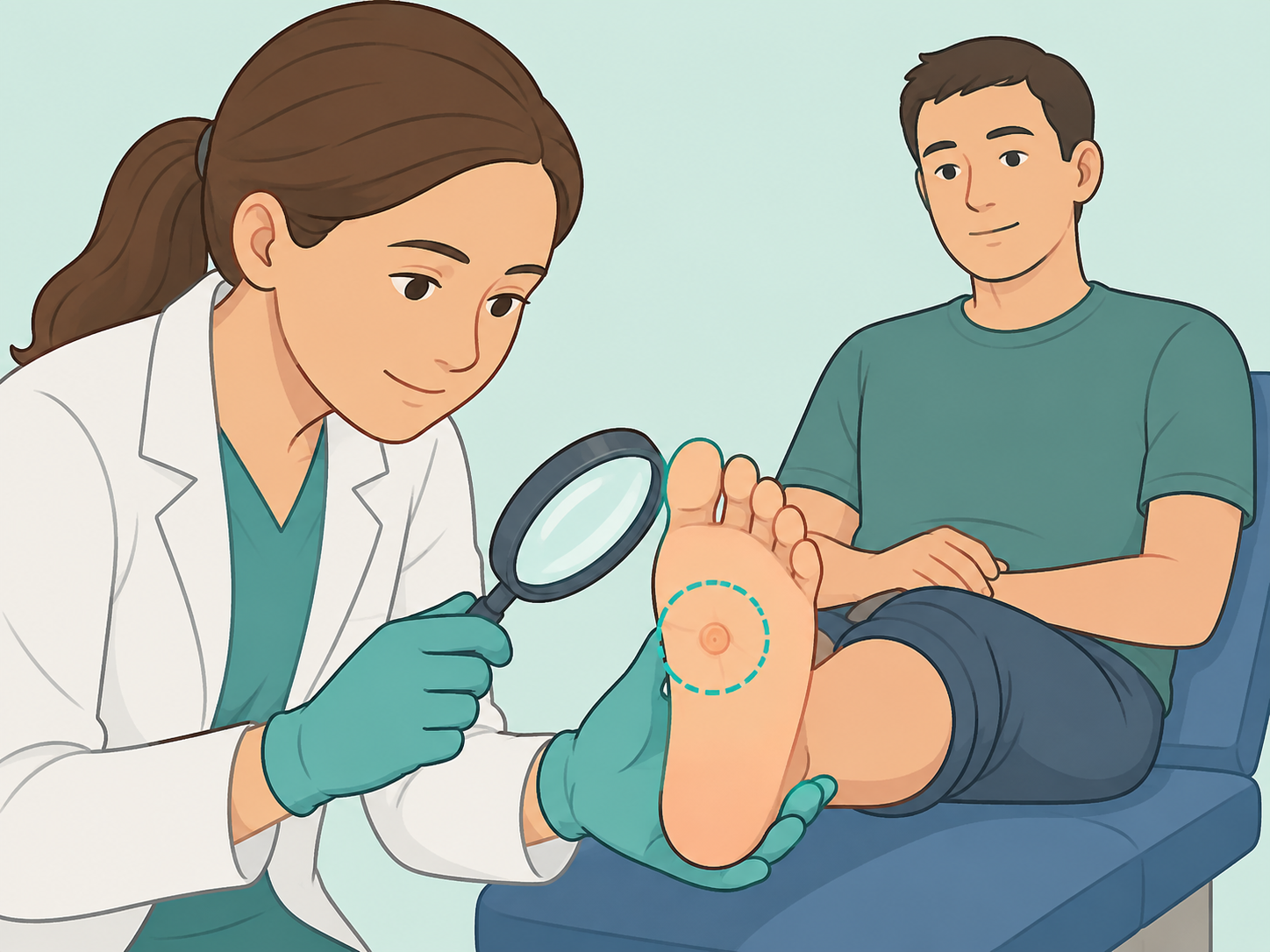 Health professional examining a changing or painful spot on the sole.