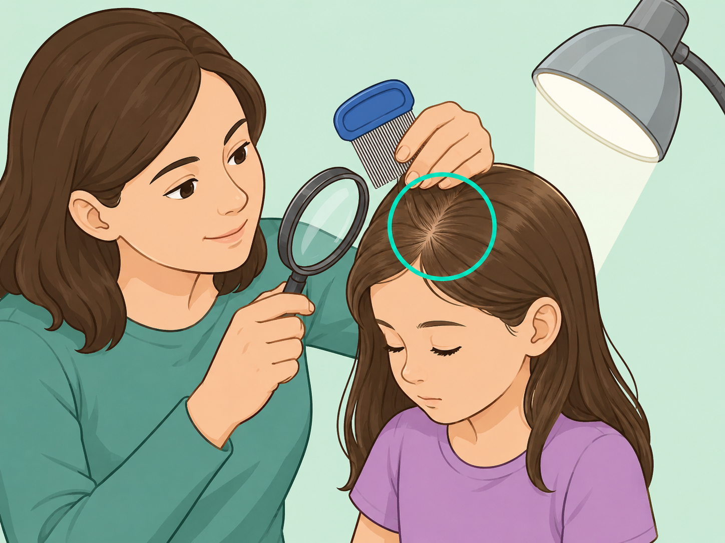 Parent checking a child's scalp with bright light, a comb, and a magnifying glass.