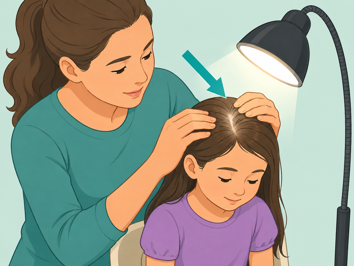 Parent using bright light to inspect a child's scalp.