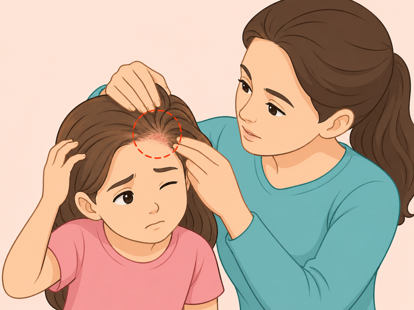 Child with an itchy scalp while a parent checks for signs of lice.