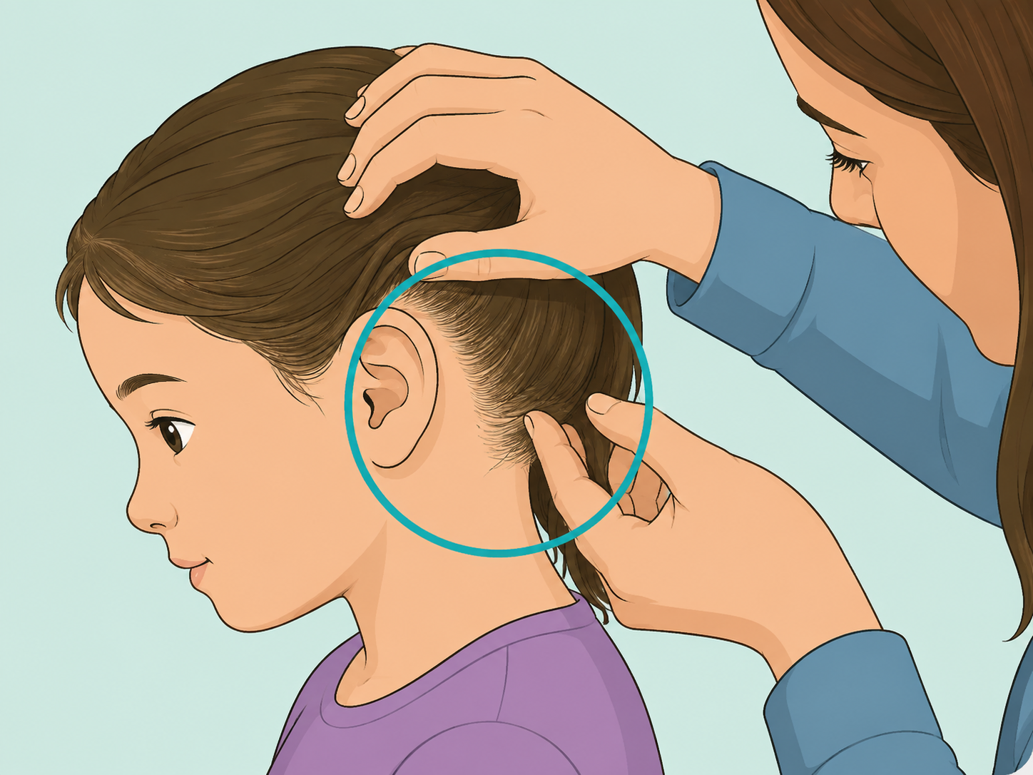Parent checking behind a child's ear and neck for lice or nits.