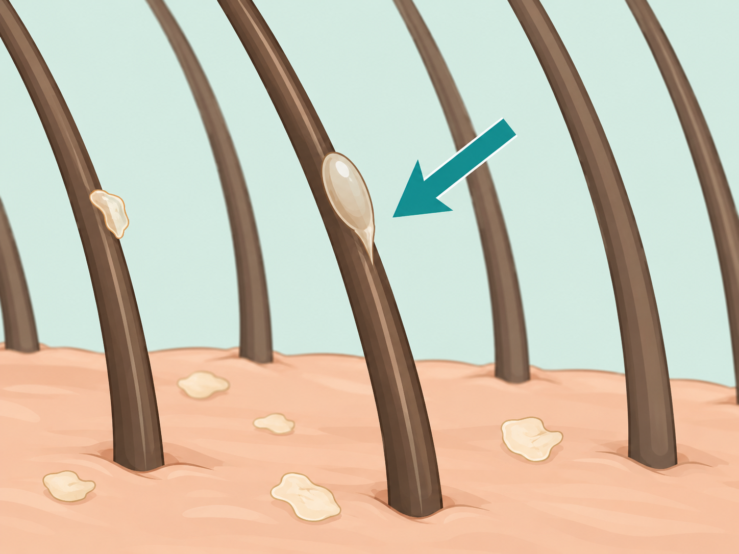 Comparison of an attached nit and loose scalp flakes on hair.