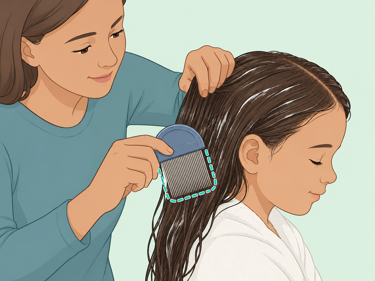 Parent wet combing a child's hair with a fine-toothed lice comb.