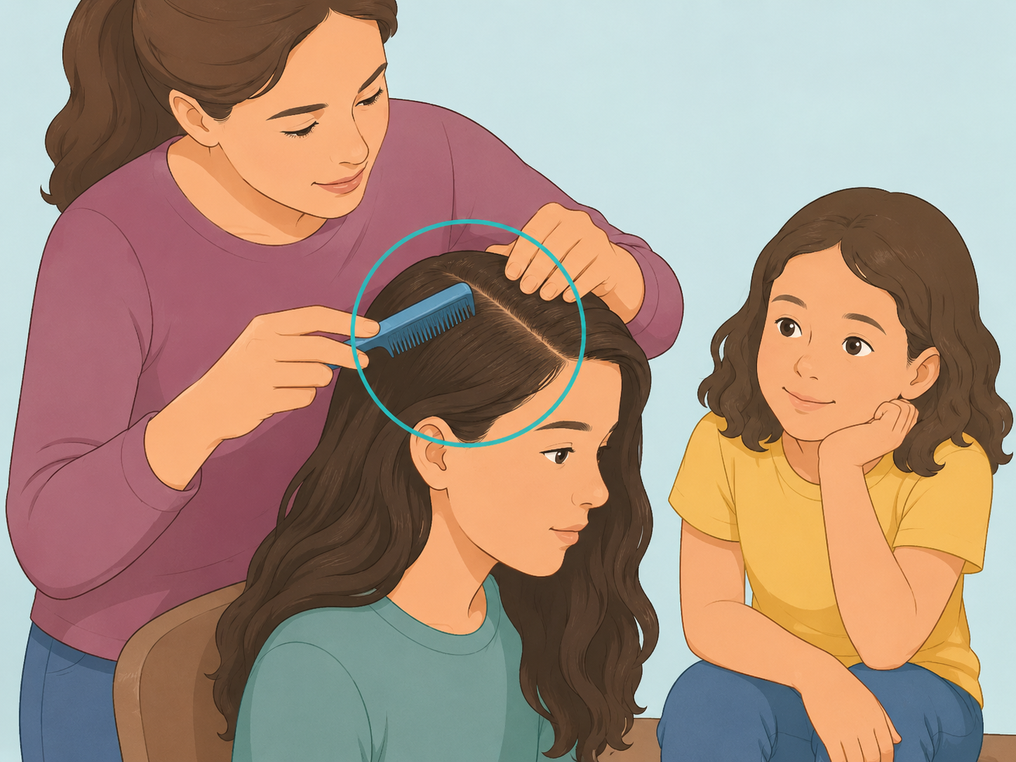 Parent checking close family members for head lice.